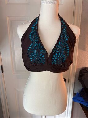 Athleta Brown Halter Bikini Top with Teal Cutout Detail